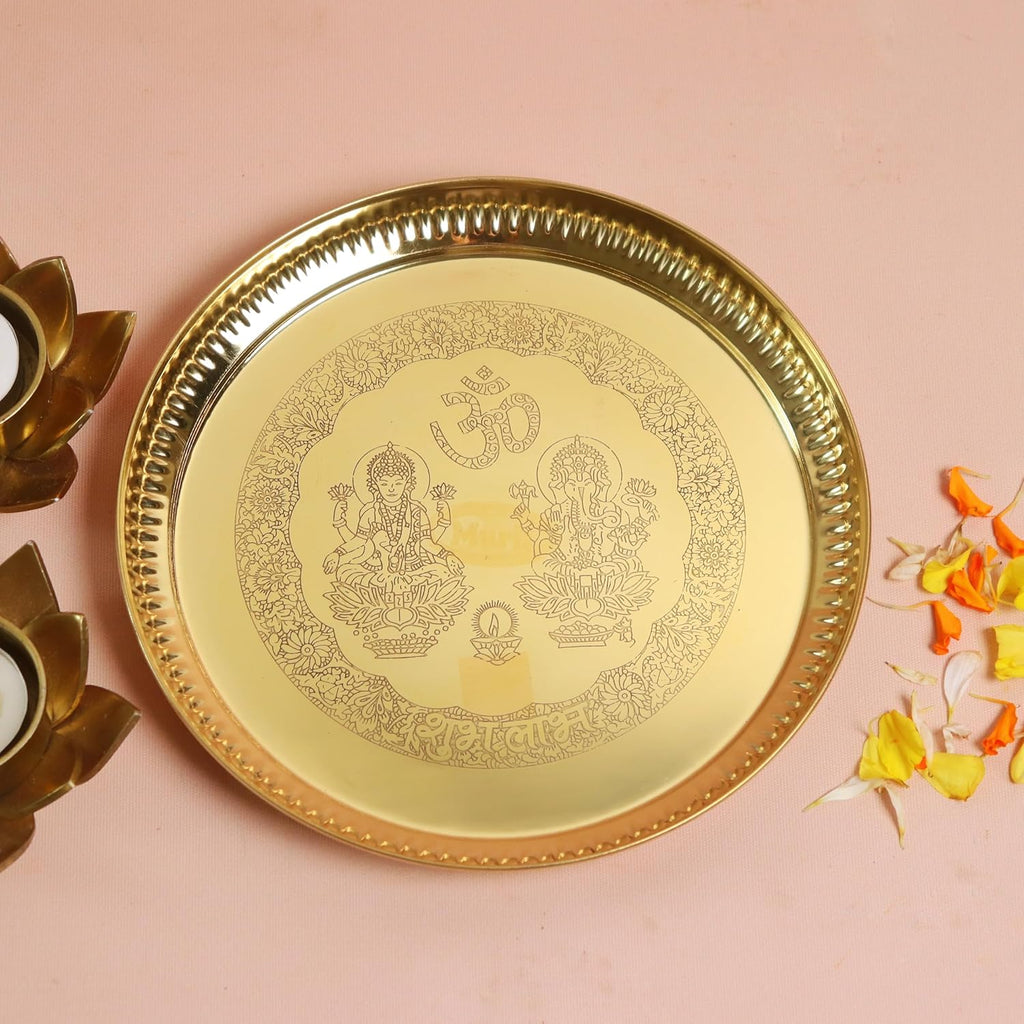 Pooja Plate Brass | 8 Inch | Laxmi Ganesh Thali | Pooja Samagri | Thali for Puja |