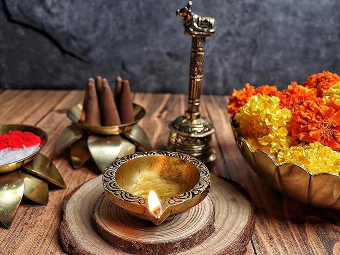 Brass Diya with Swastik & Om - 3 Inch - Pack of 2