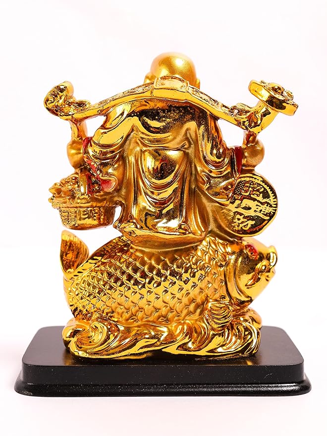 Golden Laughing Buddha on Fish  6.5 inch