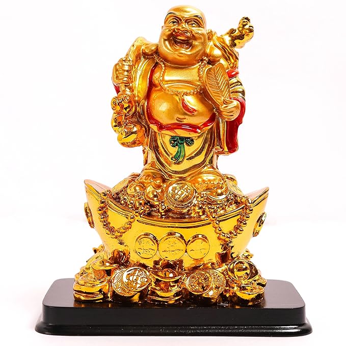 Golden Laughing Buddha with Fan and Wu Lou & Coins 6.5 inch