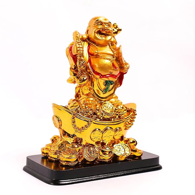 Golden Laughing Buddha with Fan and Wu Lou & Coins 6.5 inch
