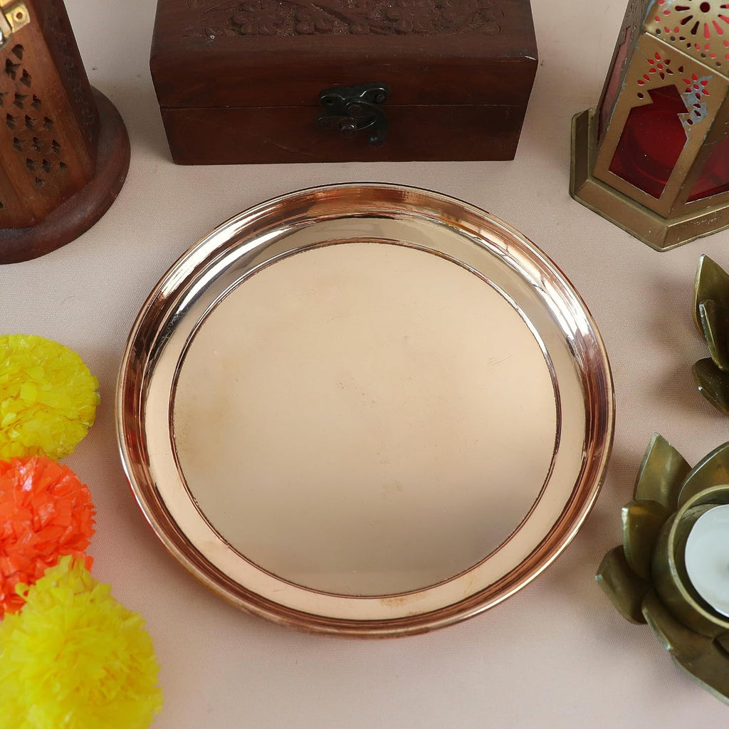 Copper Pooja Plate | 7 Inch | Decoration Items | Puja Thali | Tambe Ki Thali | Home Temples | पूजा थाली | Mandhir | Aarti | Samagri |