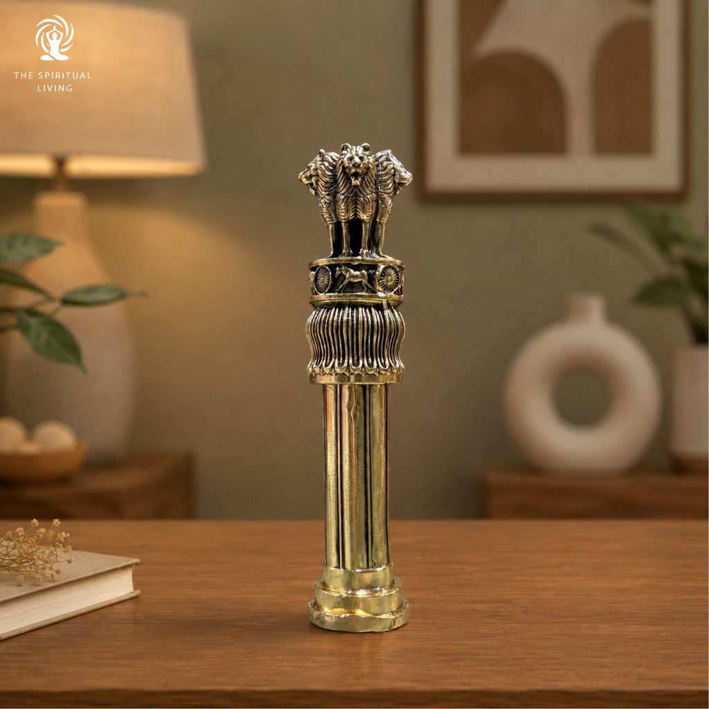 Brass Ashoka Stambh 5.5 Inch | Indian National Emblem Lion Capital of Ashoka | Pillar Statue | Government Office & Home Décor |