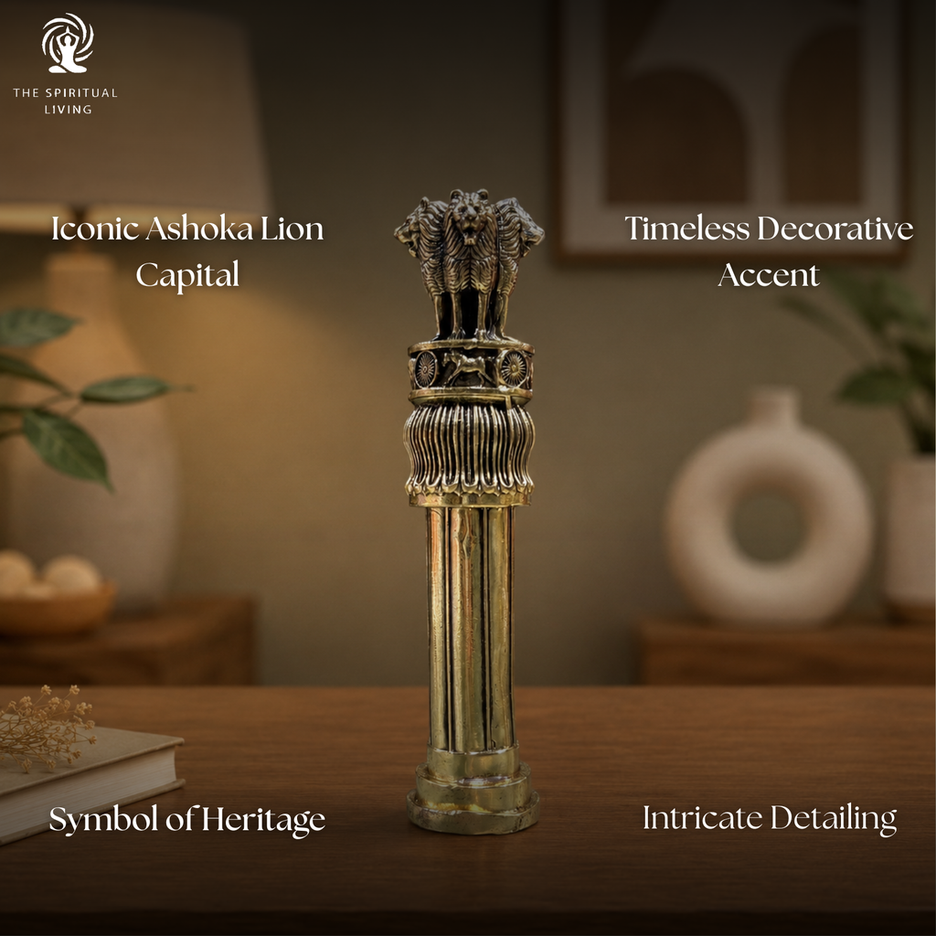 Brass Ashoka Stambh 5.5 Inch | Indian National Emblem Lion Capital of Ashoka | Pillar Statue | Government Office & Home Décor |