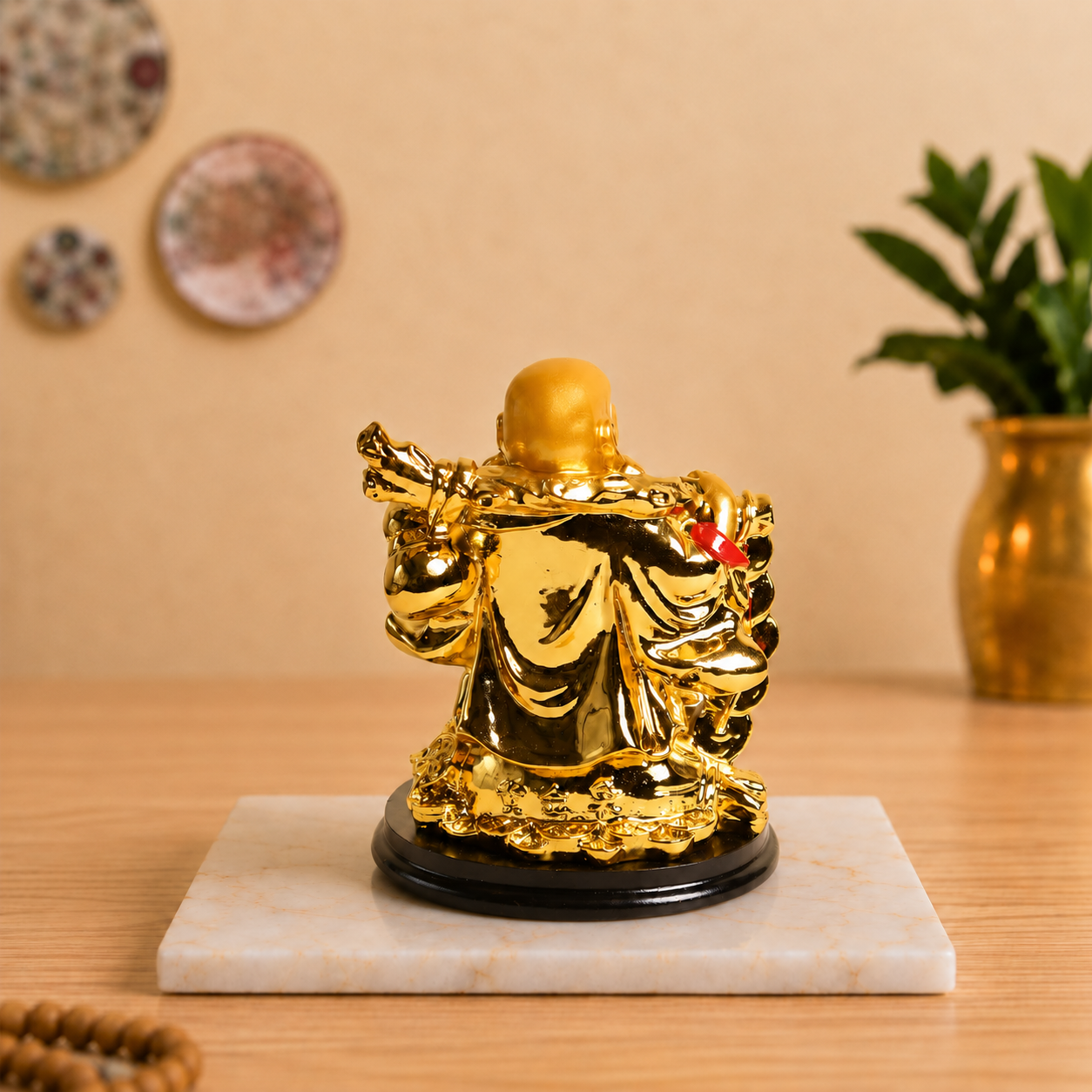 Laughing Buddha with Coin Chain and Wealth Pot in Hand - 5 Inch