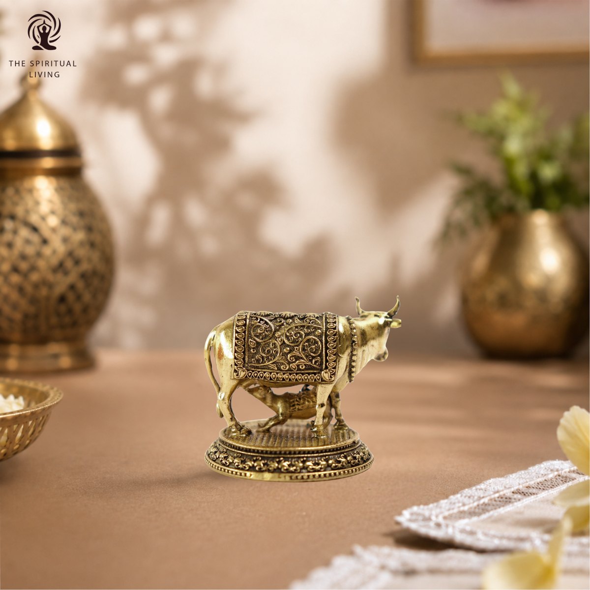 Brass Cow and Calf Statue - 2 Inch