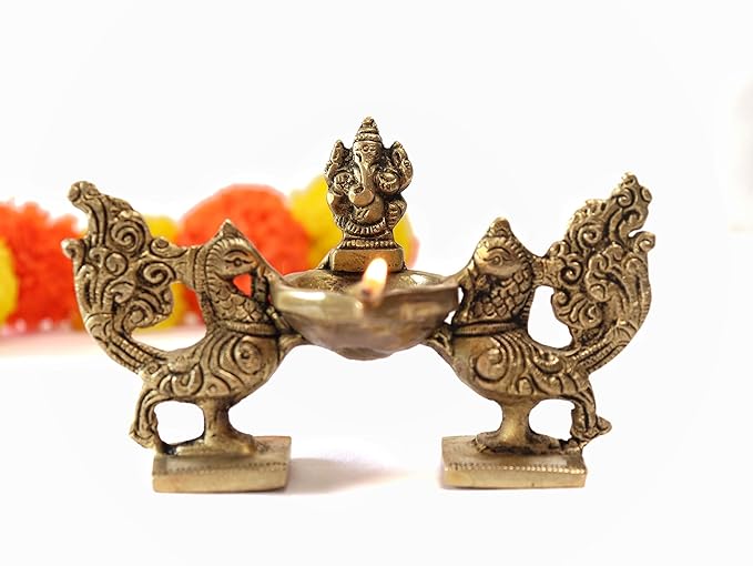 Brass Two Peacock and Ganpati in Middle Showpiece Diya
