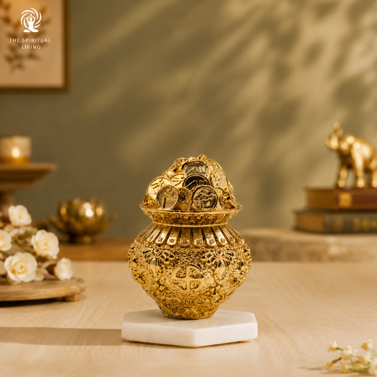 Gold Plated Coin Kalash | 2.5 Inch | Wealth Pot | Potli | Decorative | Vastu | Kuber | Laxmi |