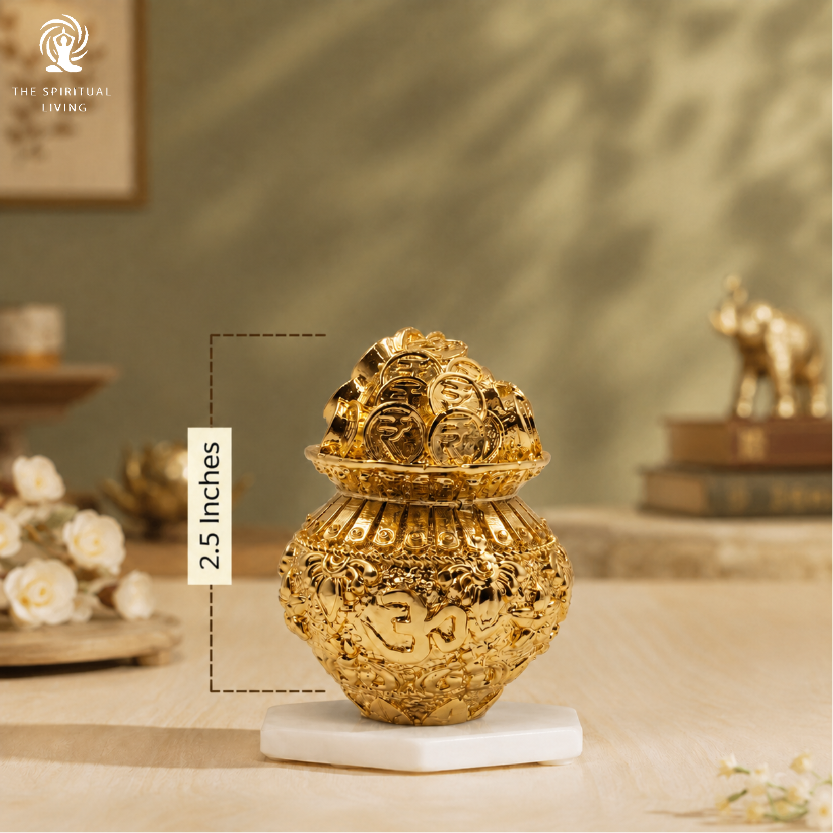 Gold Plated Coin Kalash | 2.5 Inch | Wealth Pot | Potli | Decorative | Vastu | Kuber | Laxmi |