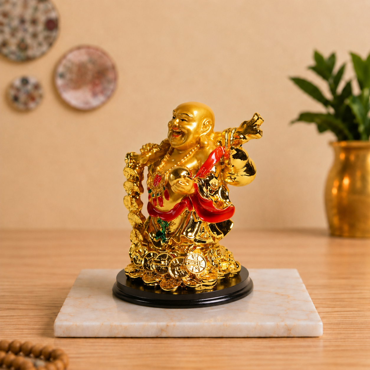 Laughing Buddha with Coin Chain and Wealth Pot in Hand - 5 Inch