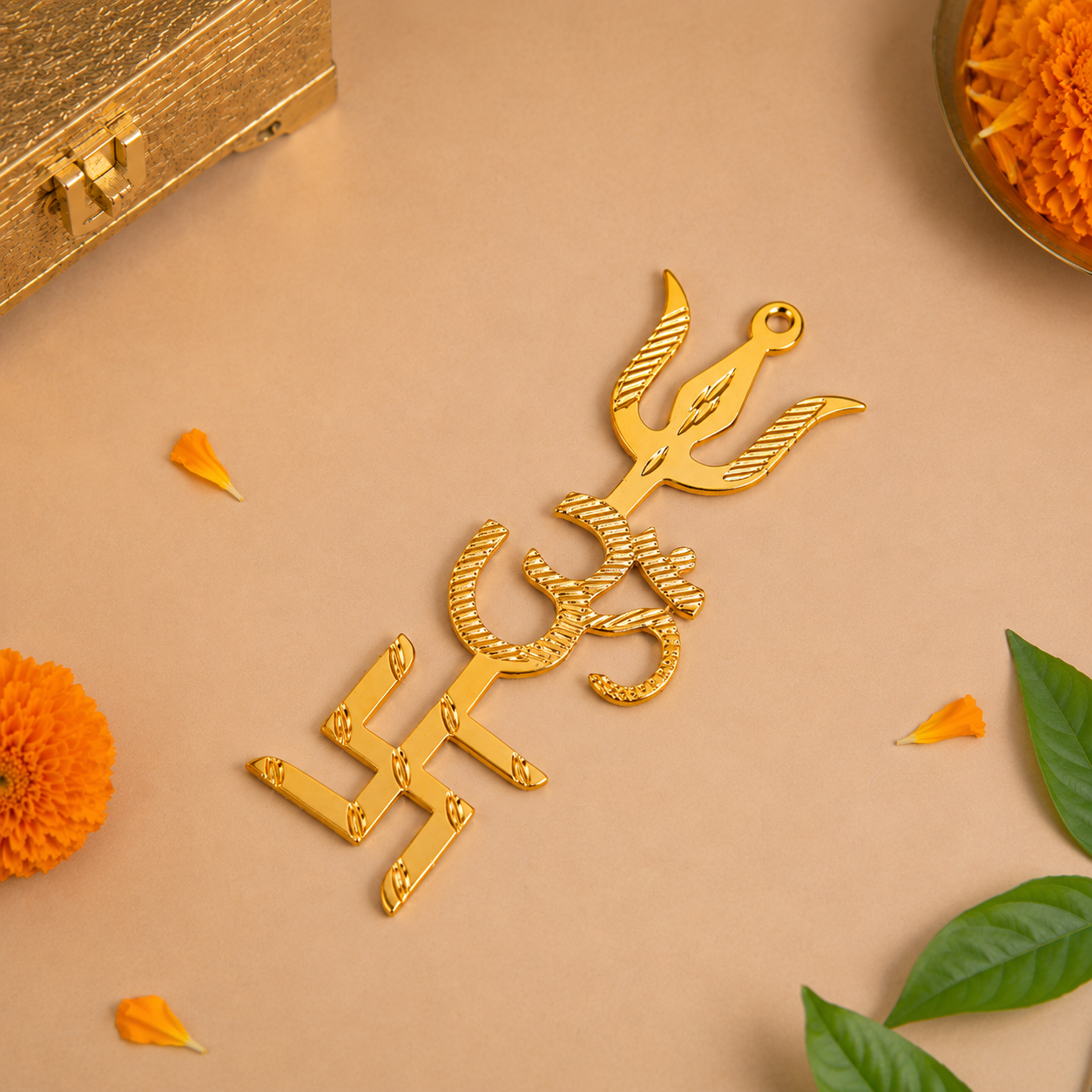 Brass Swastik Om Trishul Trishakti Yantra for Home Entrance, Office, Temple & Vastu | 4 Inch | Pack of 2