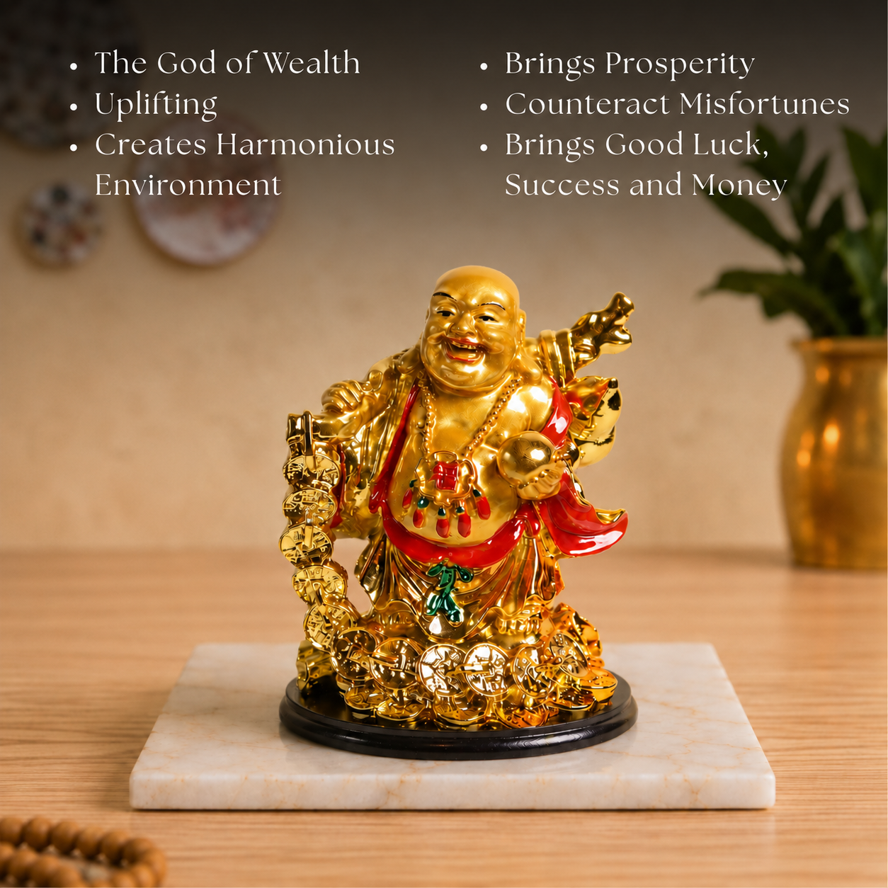 Laughing Buddha with Coin Chain and Wealth Pot in Hand - 5 Inch