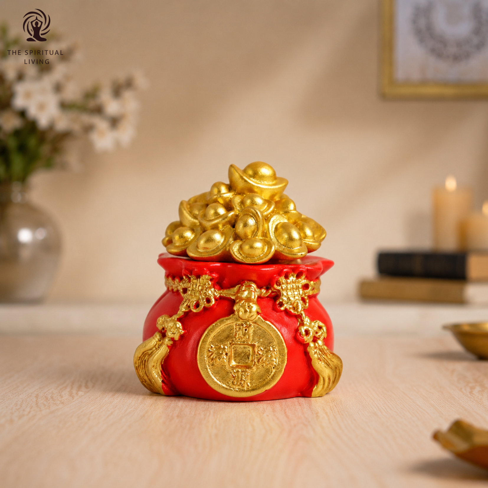 Feng Shui Wealth Pot | 2.5 Inch | Gold Ingots | Bag | Red Potali | | Golden Yuan Bao | Wish Fulfilling |