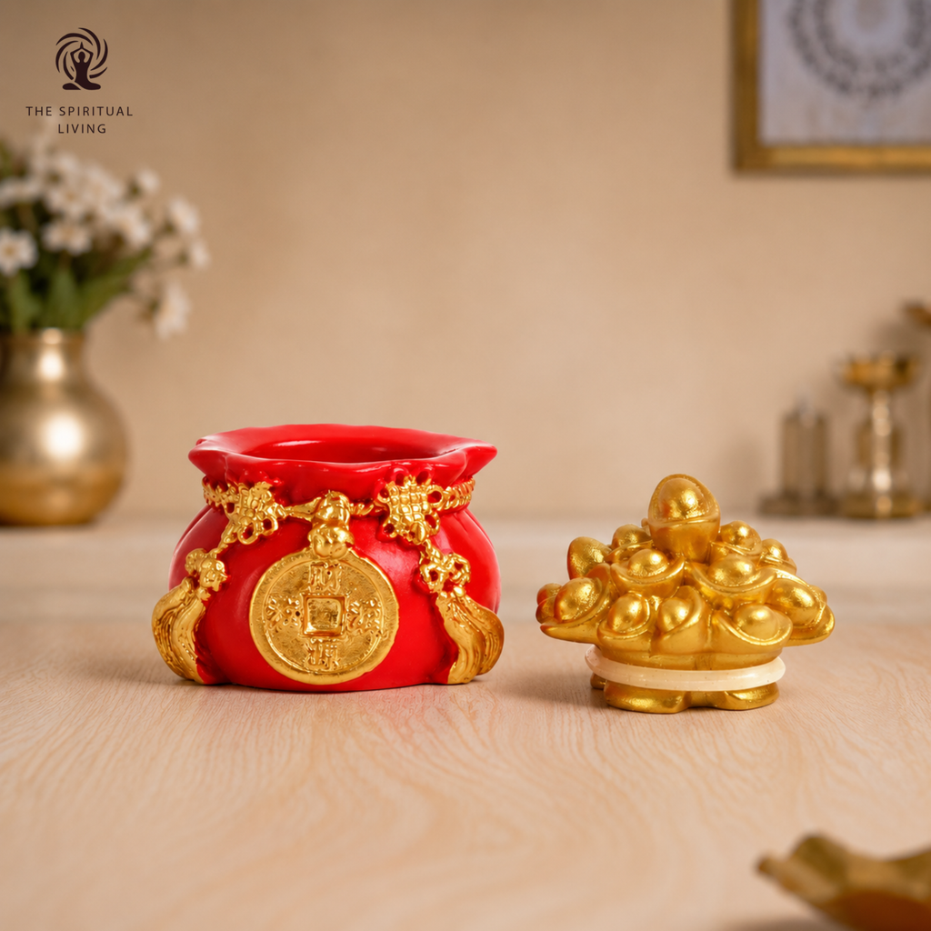 Feng Shui Wealth Pot | 2.5 Inch | Gold Ingots | Bag | Red Potali | | Golden Yuan Bao | Wish Fulfilling |