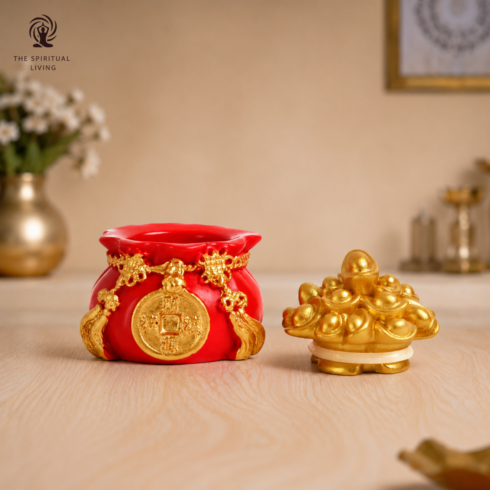 Feng Shui Wealth Pot | 2.5 Inch | Gold Ingots | Bag | Red Potali | | Golden Yuan Bao | Wish Fulfilling |