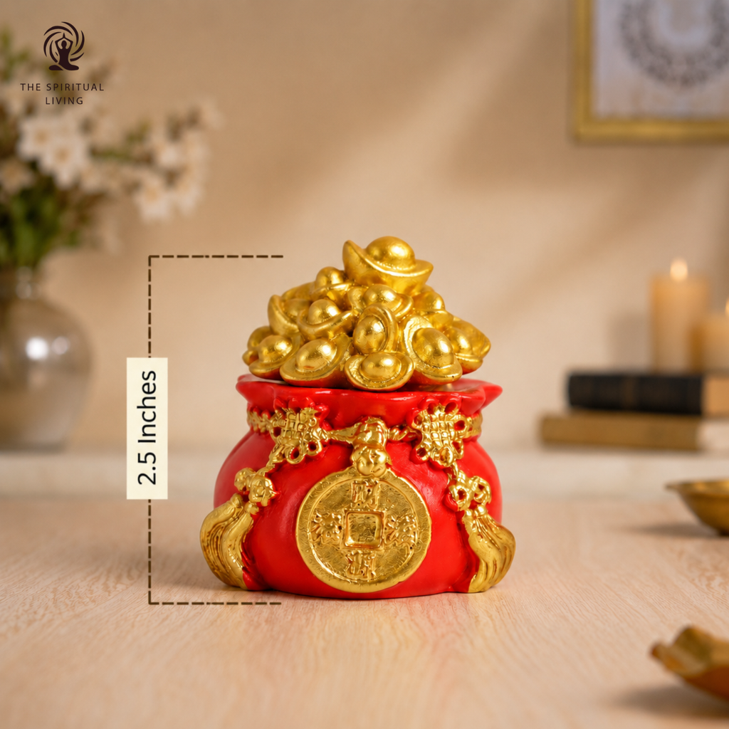 Feng Shui Wealth Pot | 2.5 Inch | Gold Ingots | Bag | Red Potali | | Golden Yuan Bao | Wish Fulfilling |