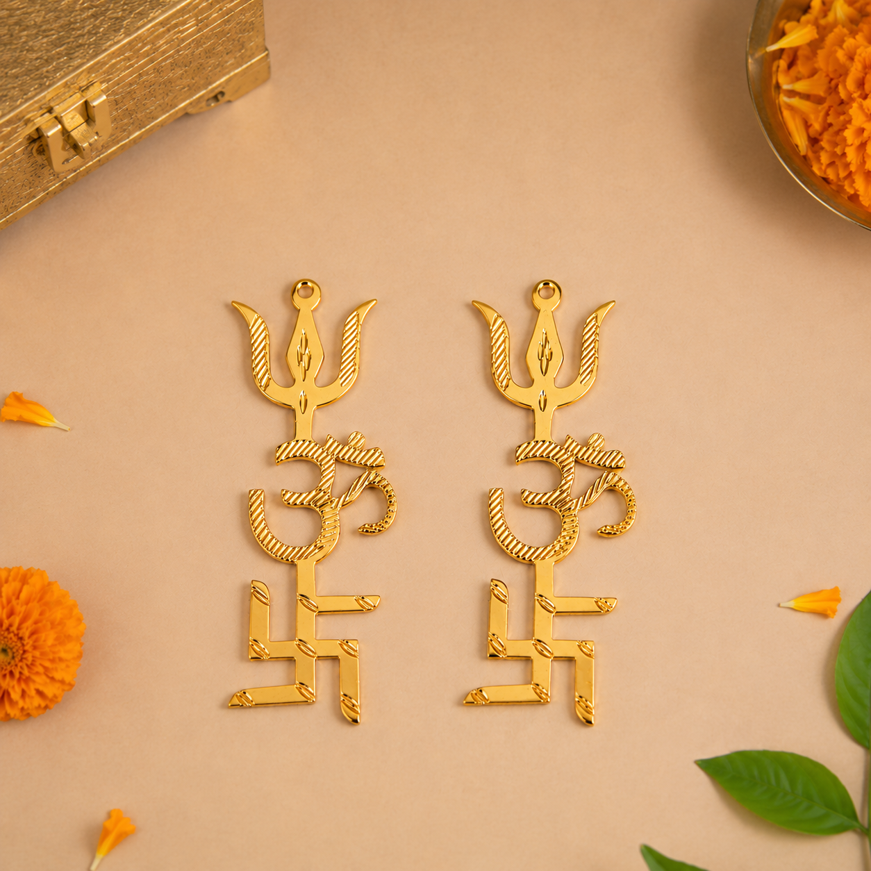 Brass Swastik Om Trishul Trishakti Yantra for Home Entrance, Office, Temple & Vastu | 4 Inch | Pack of 2