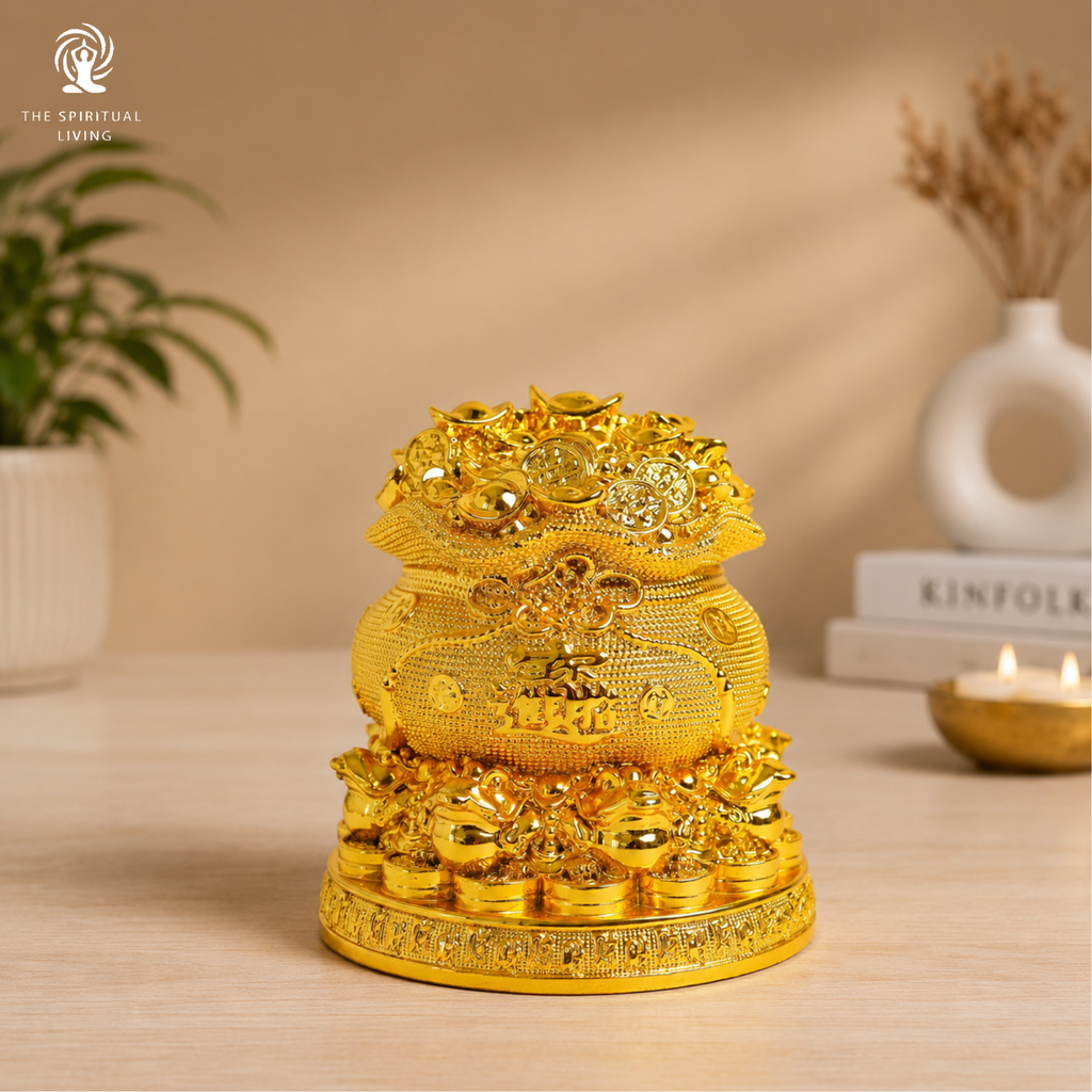 Feng Shui Wealth Bag with Gold Ingots & Coins | 5 Inch | Lucky Fortune Yuan Bao Statue|