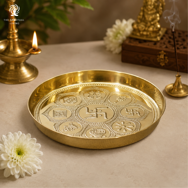 Brass Jain Astha mangal Pooja Plate | 5.5 Inch | Bhog Thali | Eight Auspicious Symbols |Pital |