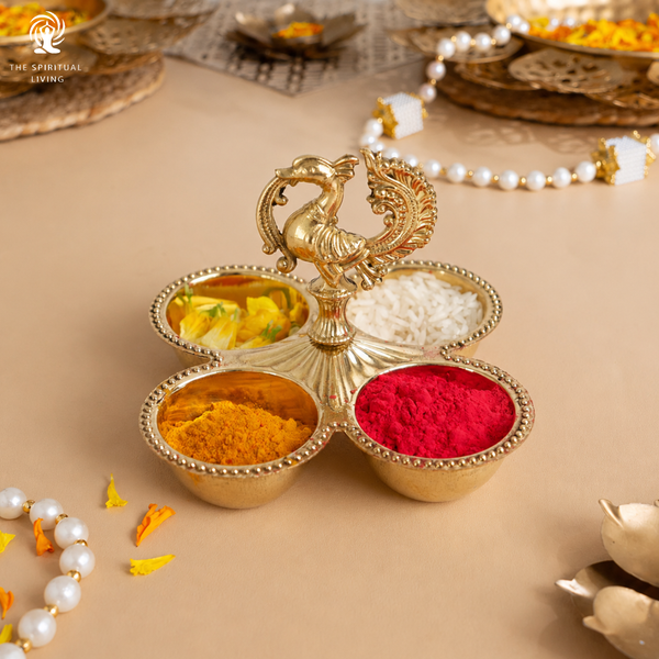 Kumkum Holder with Peacock Handle | 3.5 Inch | Decorative Dani 4 Bowl Stand | Pooja Thali for Roli Chawal Haldi |