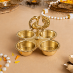 Kumkum Holder with Peacock Handle | 3.5 Inch | Decorative Dani 4 Bowl Stand | Pooja Thali for Roli Chawal Haldi |