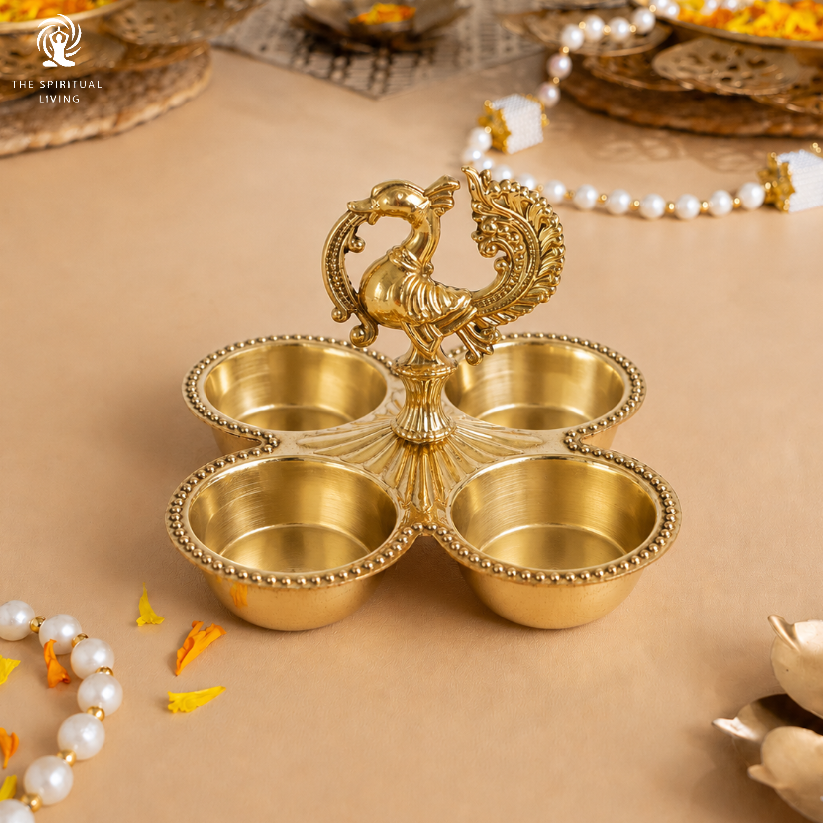 Kumkum Holder with Peacock Handle | 3.5 Inch | Decorative Dani 4 Bowl Stand | Pooja Thali for Roli Chawal Haldi |