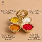 Kumkum Holder with Peacock Handle | 3.5 Inch | Decorative Dani 4 Bowl Stand | Pooja Thali for Roli Chawal Haldi |
