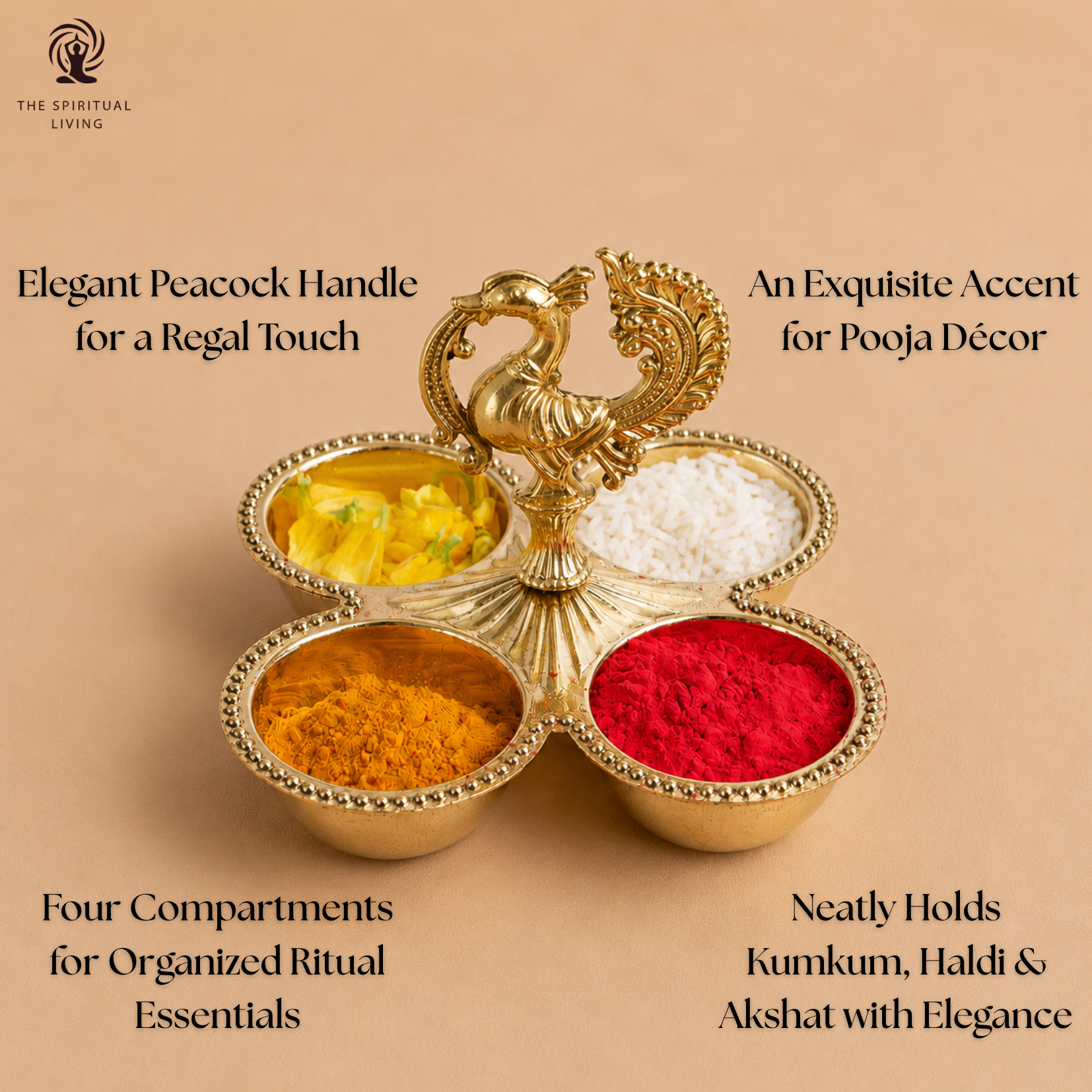 Kumkum Holder with Peacock Handle | 3.5 Inch | Decorative Dani 4 Bowl Stand | Pooja Thali for Roli Chawal Haldi |