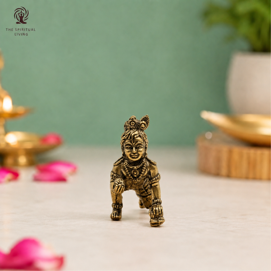 Brass Miniature Laddu Gopal Idol | 1 Inch | Crawling Bal Krishna Murti | Makhan Chor Statue | Figurine Decorative |