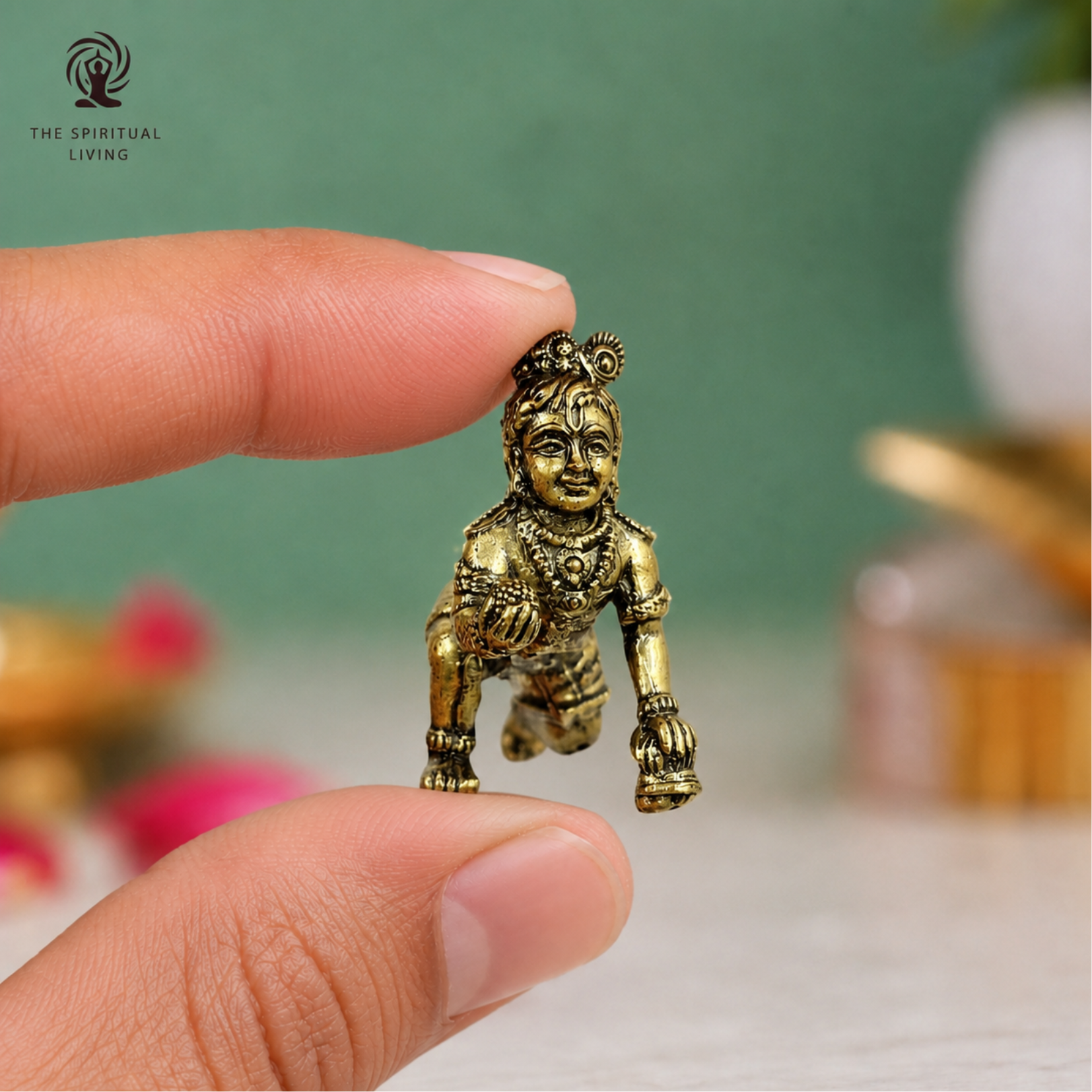 Brass Miniature Laddu Gopal Idol | 1 Inch | Crawling Bal Krishna Murti | Makhan Chor Statue | Figurine Decorative |