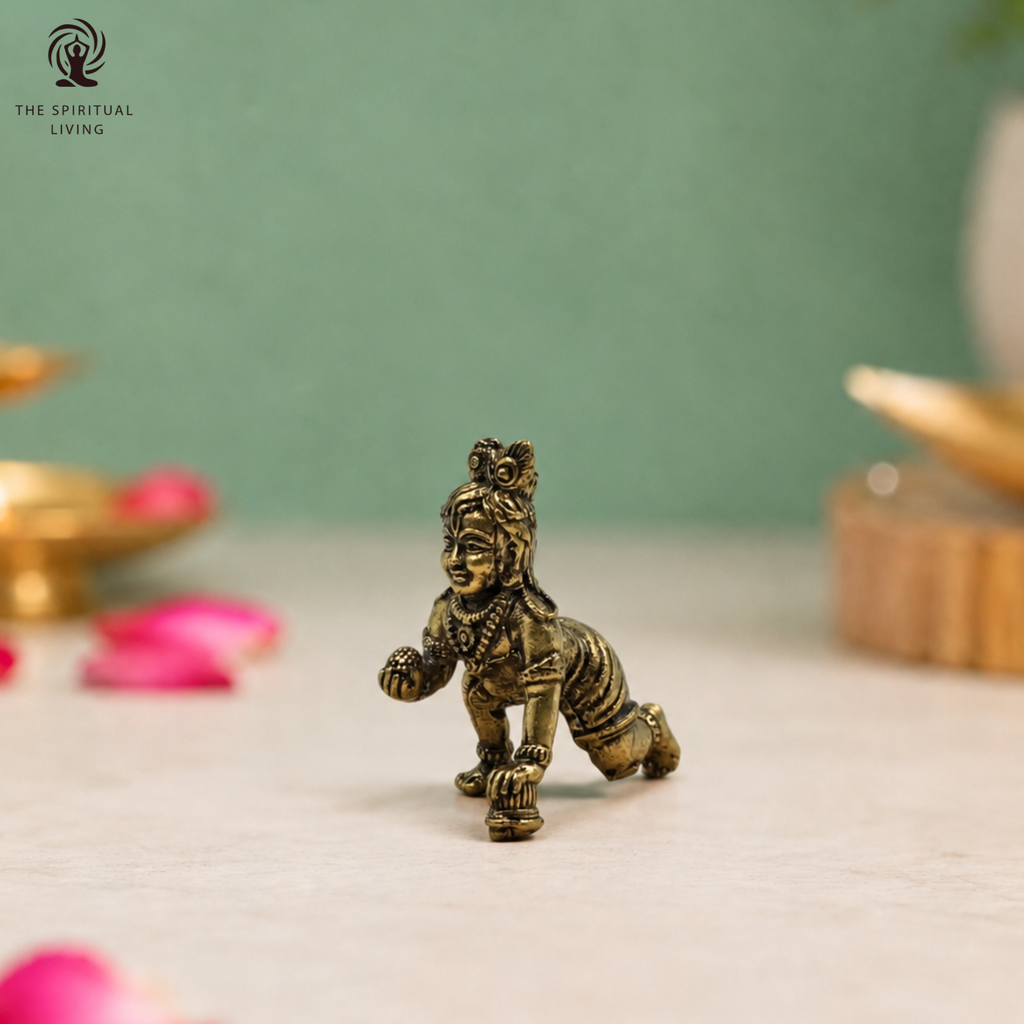 Brass Miniature Laddu Gopal Idol | 1 Inch | Crawling Bal Krishna Murti | Makhan Chor Statue | Figurine Decorative |