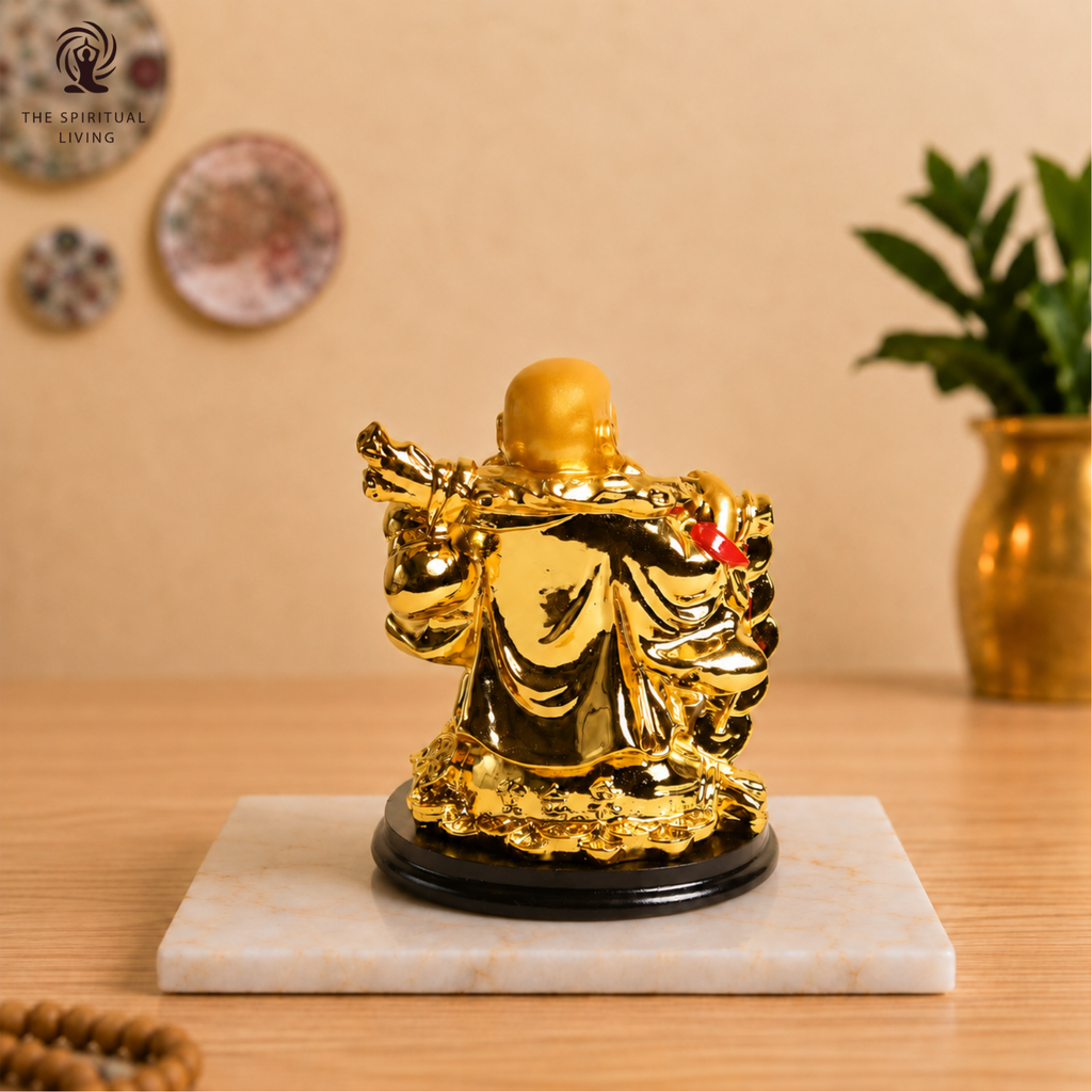 Laughing Buddha with Coin Chain and Wealth Pot in Hand - 5 Inch