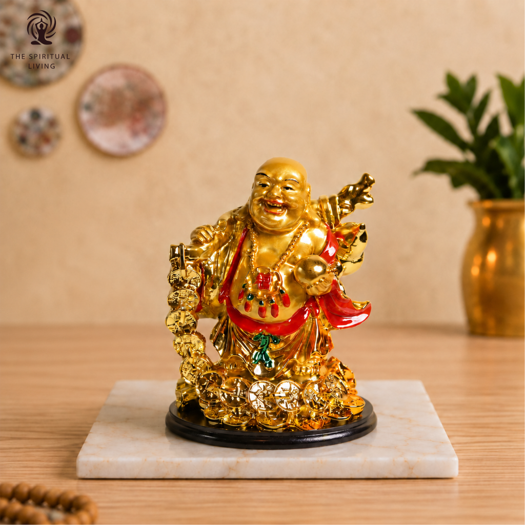 Laughing Buddha with Coin Chain and Wealth Pot in Hand - 5 Inch