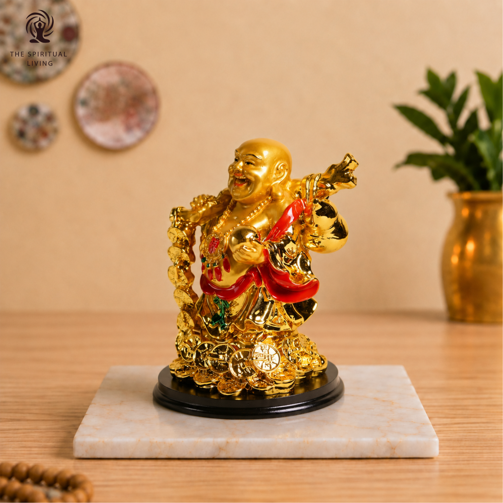 Laughing Buddha with Coin Chain and Wealth Pot in Hand - 5 Inch