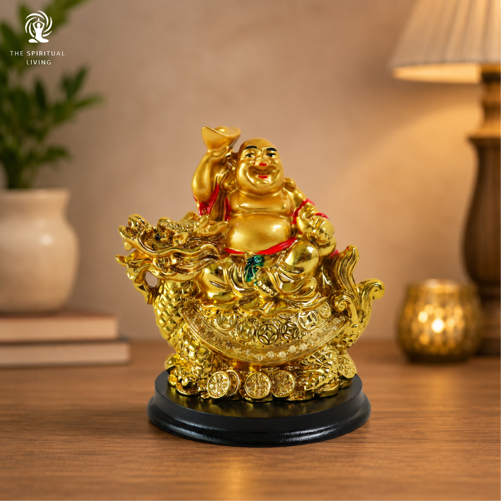 Golden Laughing Buddha Idol on Dragon | 4 Inch | Feng Shui Wealth & Prosperity |