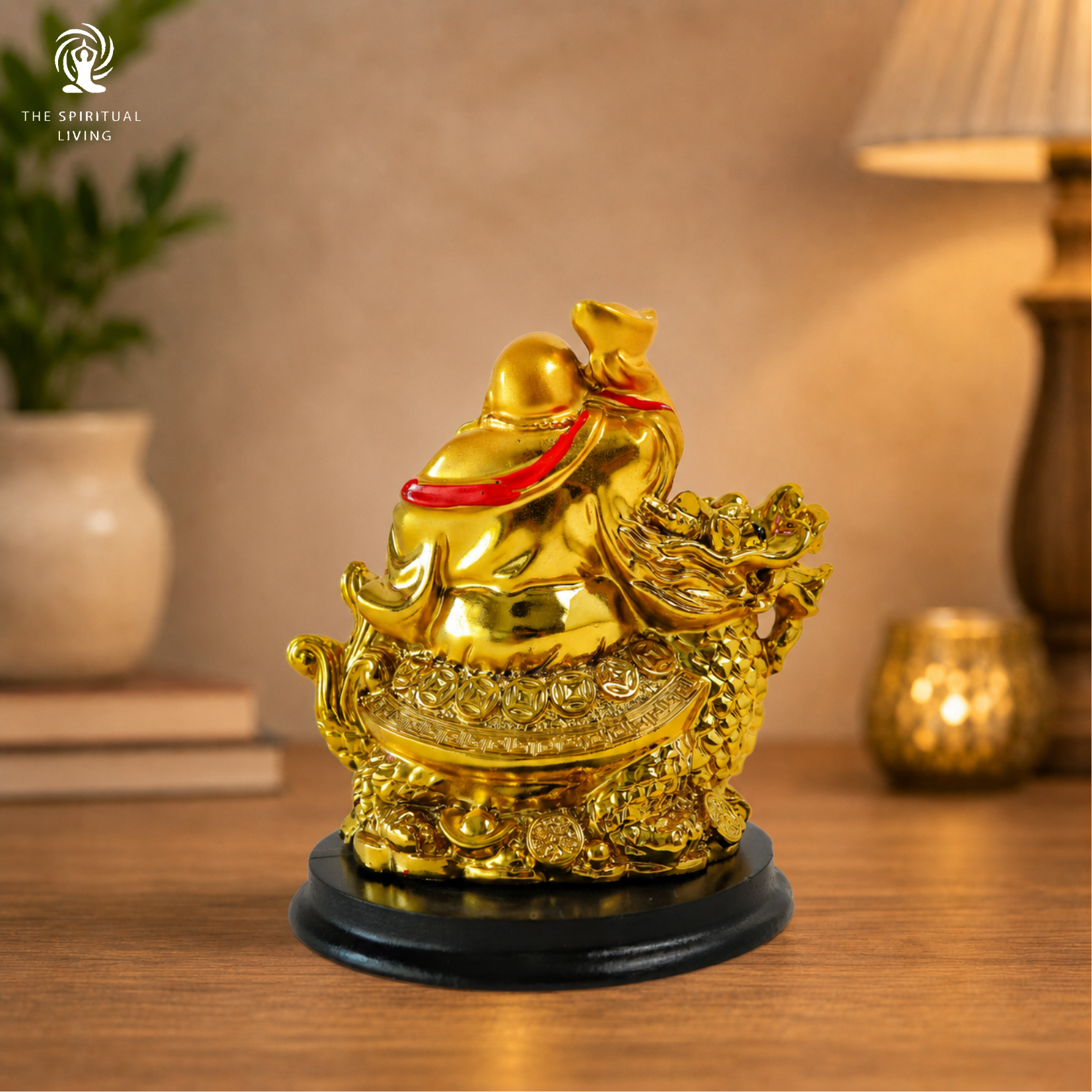 Golden Laughing Buddha Idol on Dragon | 4 Inch | Feng Shui Wealth & Prosperity |