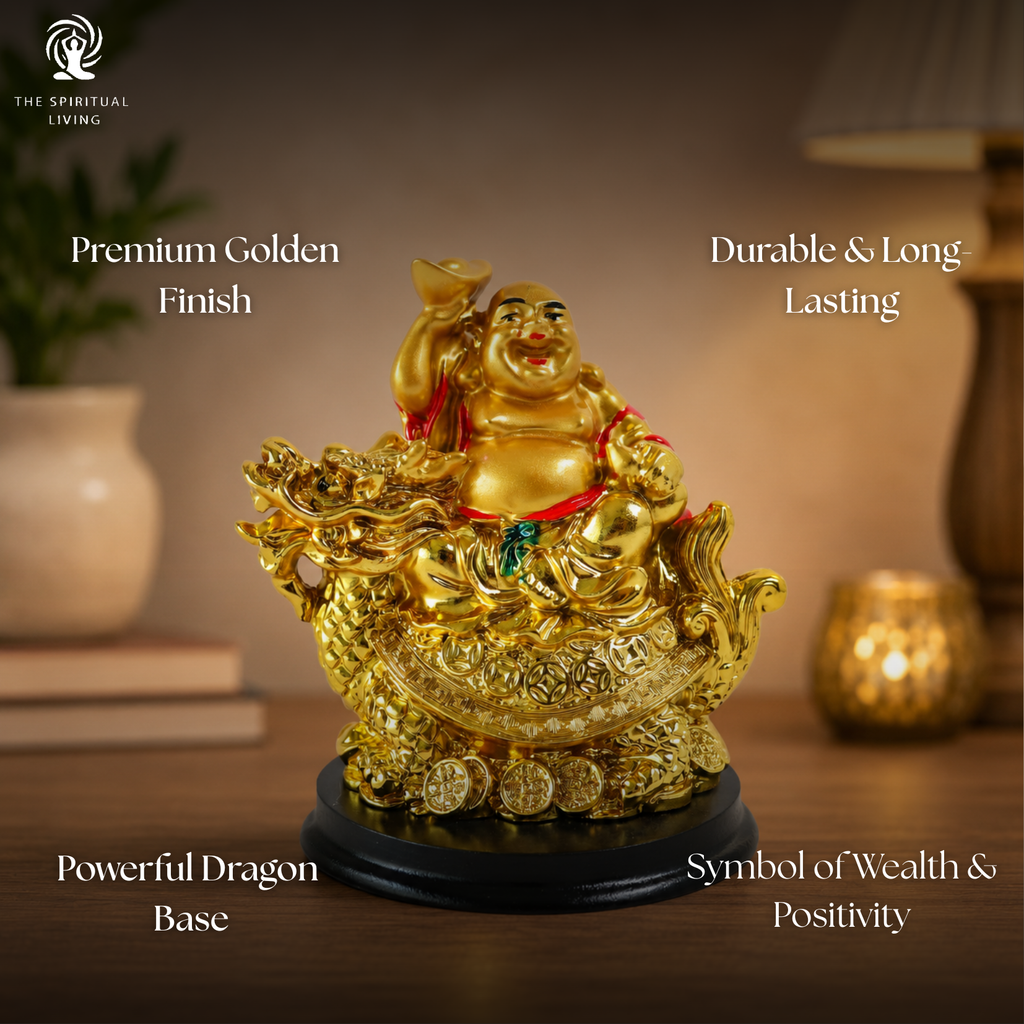 Golden Laughing Buddha Idol on Dragon | 4 Inch | Feng Shui Wealth & Prosperity |