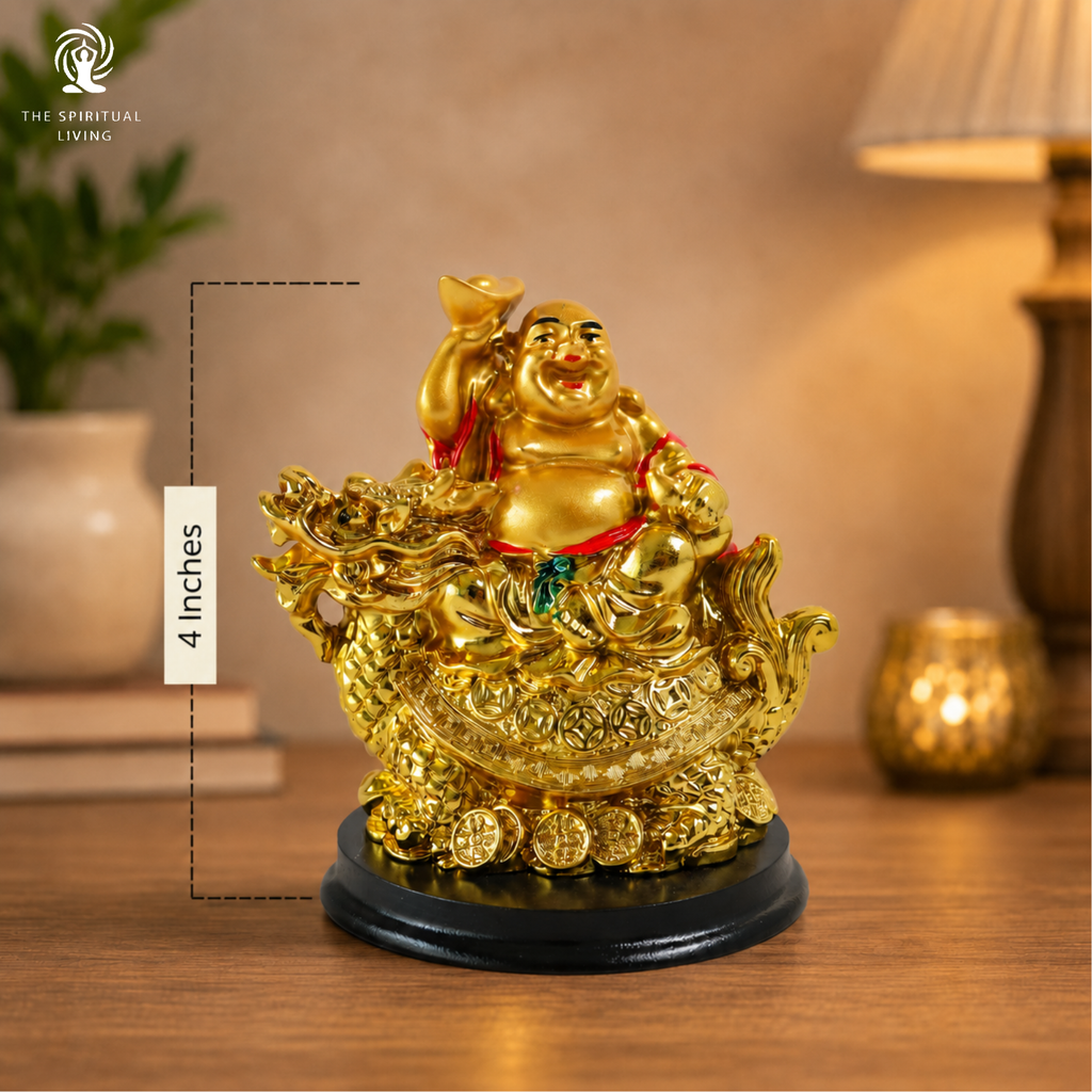 Golden Laughing Buddha Idol on Dragon | 4 Inch | Feng Shui Wealth & Prosperity |