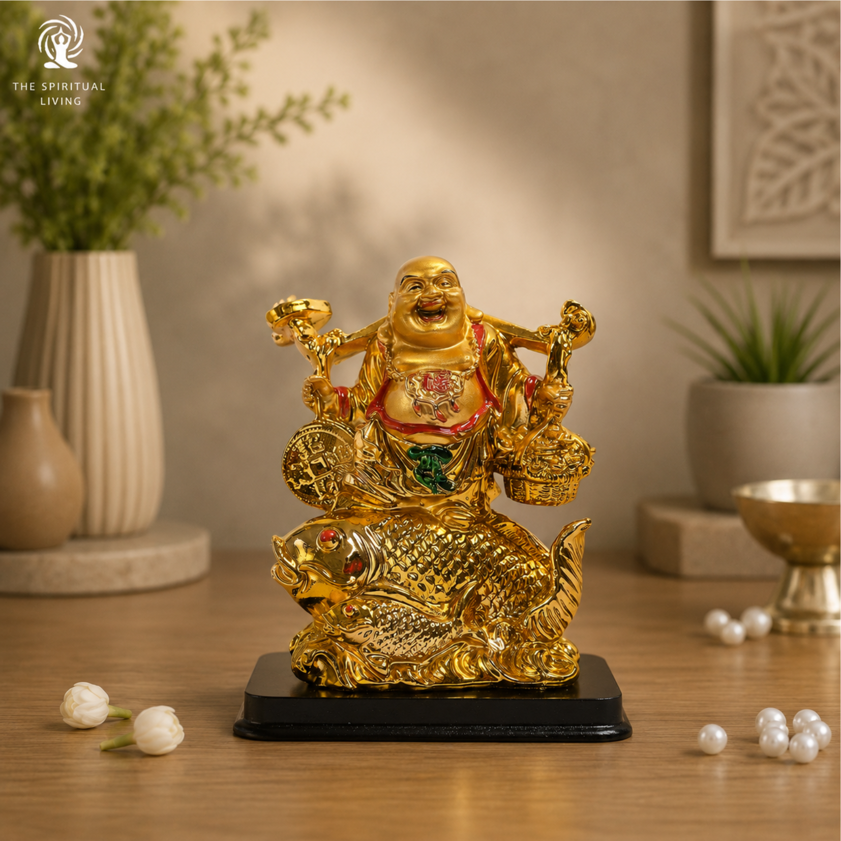 Golden Laughing Buddha on Fish  6.5 inch