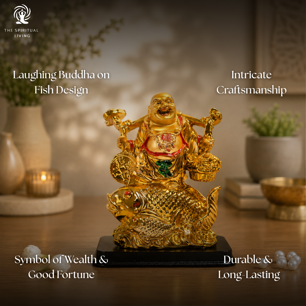 Golden Laughing Buddha on Fish  6.5 inch