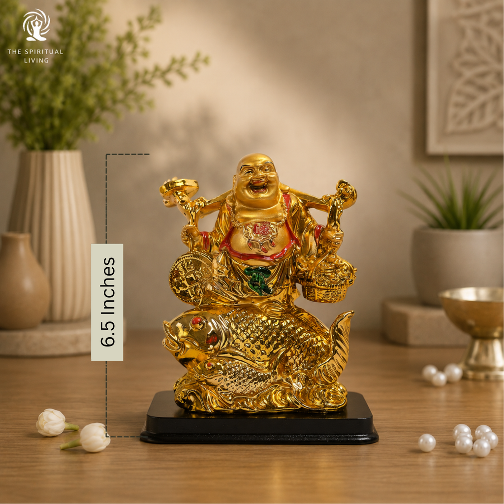 Golden Laughing Buddha on Fish  6.5 inch