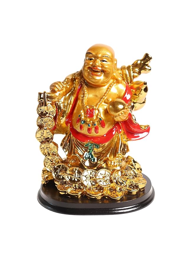 Laughing Buddha with Coin Chain and Wealth Pot in Hand - 5 Inch