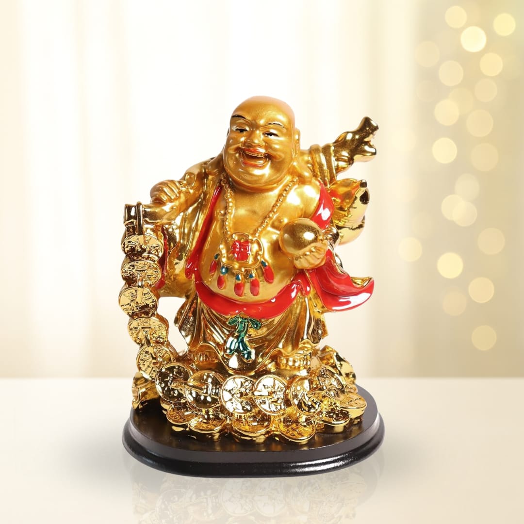 Laughing Buddha with Coin Chain and Wealth Pot in Hand - 5 Inch