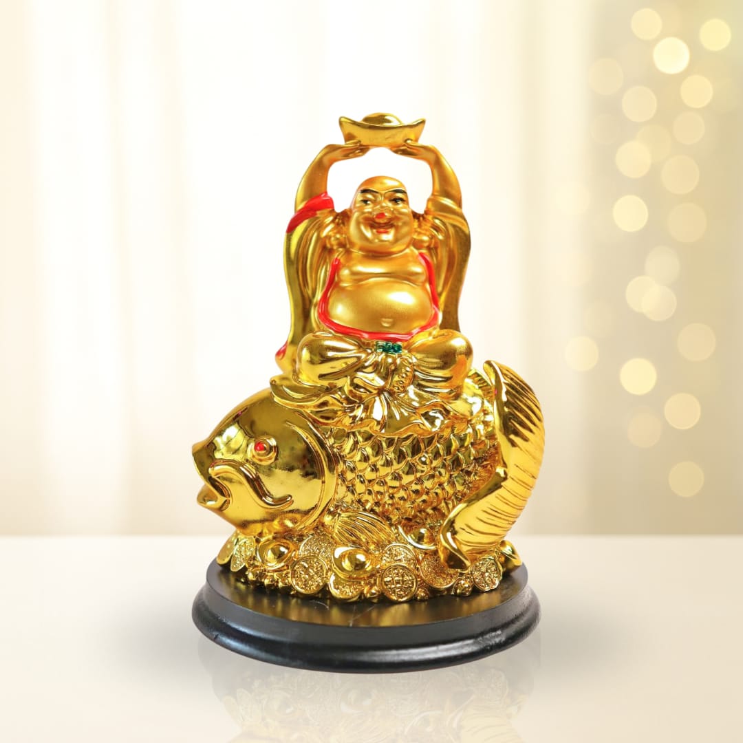 Laughing Buddha Idol on Arowana Fish | 4 Inch |