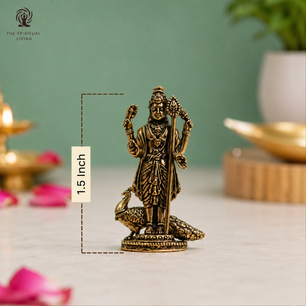 Brass Lord Murugan Idol with Peacock Small | 1.5 Inch | | Mini Statue | Kumaraswamy | Small Kartikeya Murti |