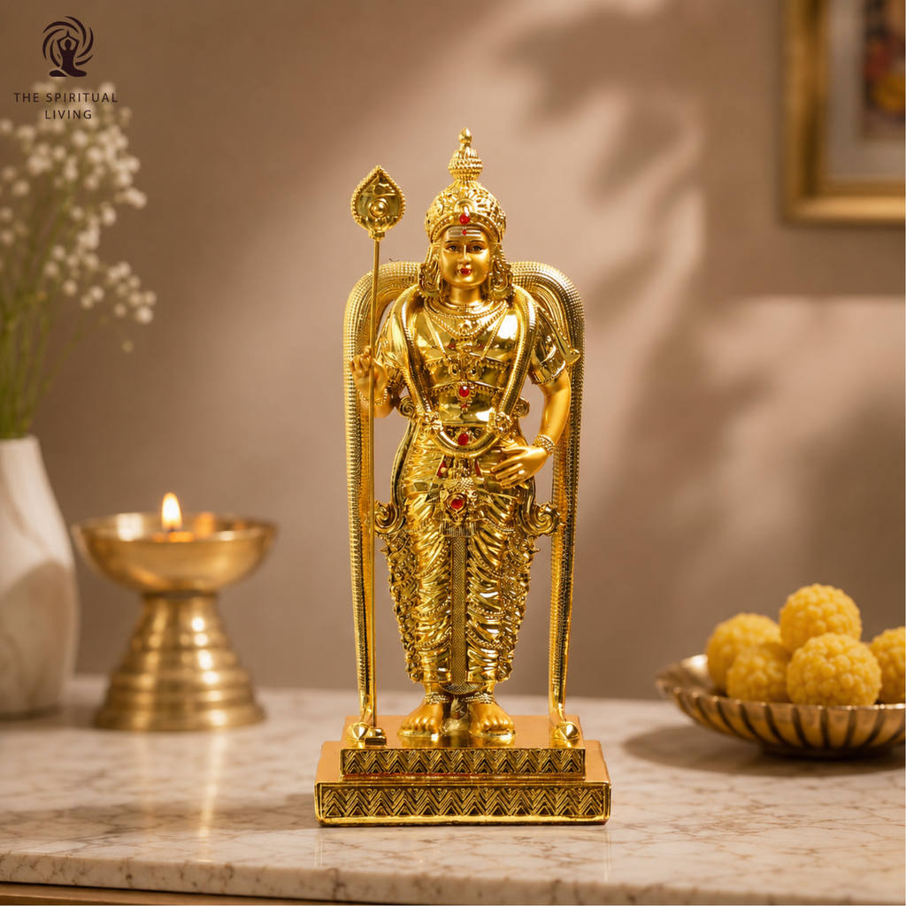 Murugan Statue for Pooja | 9 Inch |  Gold Plated | Vilakku | Kartikeya| God Statue | Silai | Skanda Swamy Murti