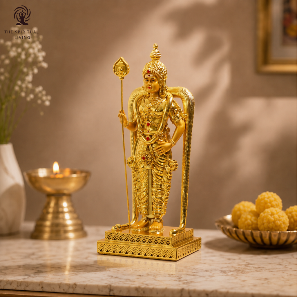 Murugan Statue for Pooja | 9 Inch |  Gold Plated | Vilakku | Kartikeya| God Statue | Silai | Skanda Swamy Murti