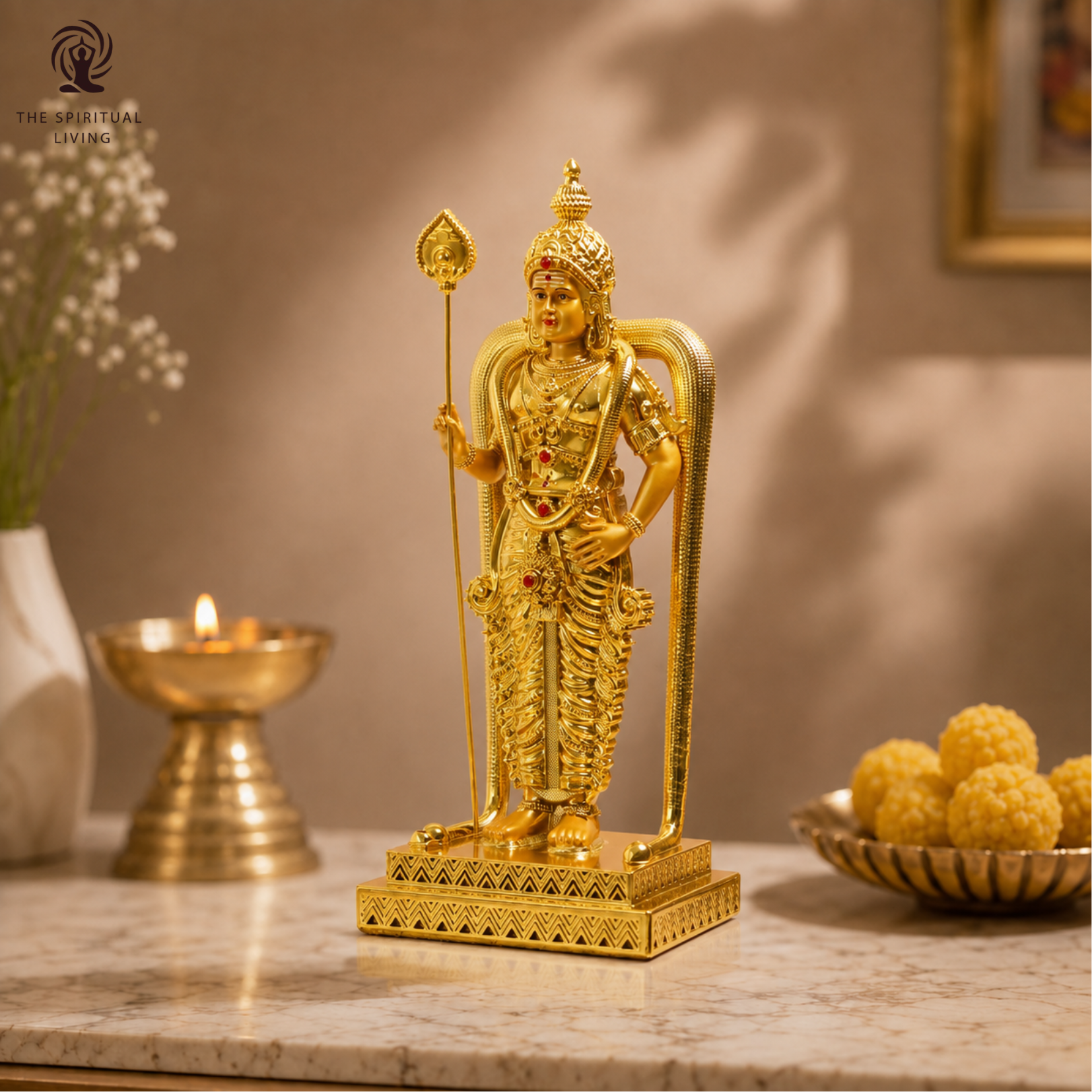 Murugan Statue for Pooja | 9 Inch |  Gold Plated | Vilakku | Kartikeya| God Statue | Silai | Skanda Swamy Murti