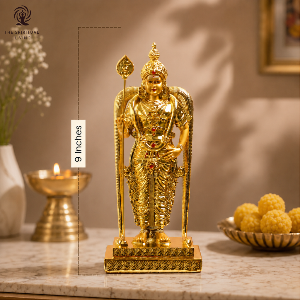 Murugan Statue for Pooja | 9 Inch |  Gold Plated | Vilakku | Kartikeya| God Statue | Silai | Skanda Swamy Murti