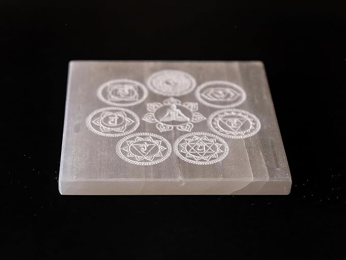 Natural Selenite Seven Chakra Symbols & Meditative State Charging Plate